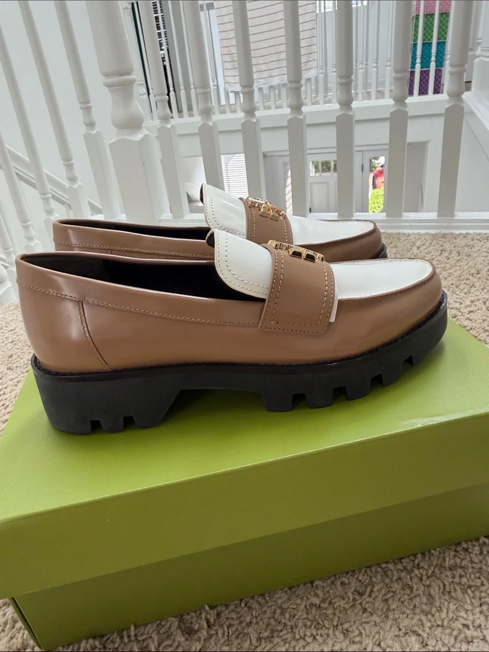 Tory Burch White and Brown Leather Lug Sole Loafers with Gold Logo